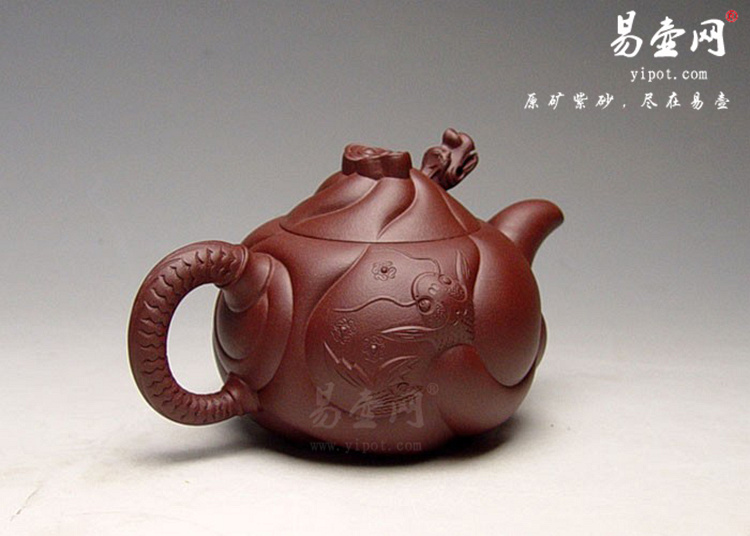 朱丹大鱼花龙紫砂茶壶图片